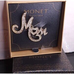 New Monet Mom Pin Brooch Gold Tone w/ Clear Crystals w/ Gift Box